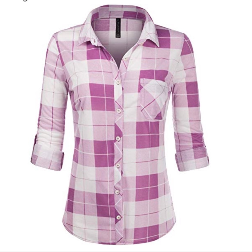 Lavender & White Button Down Plaid Top